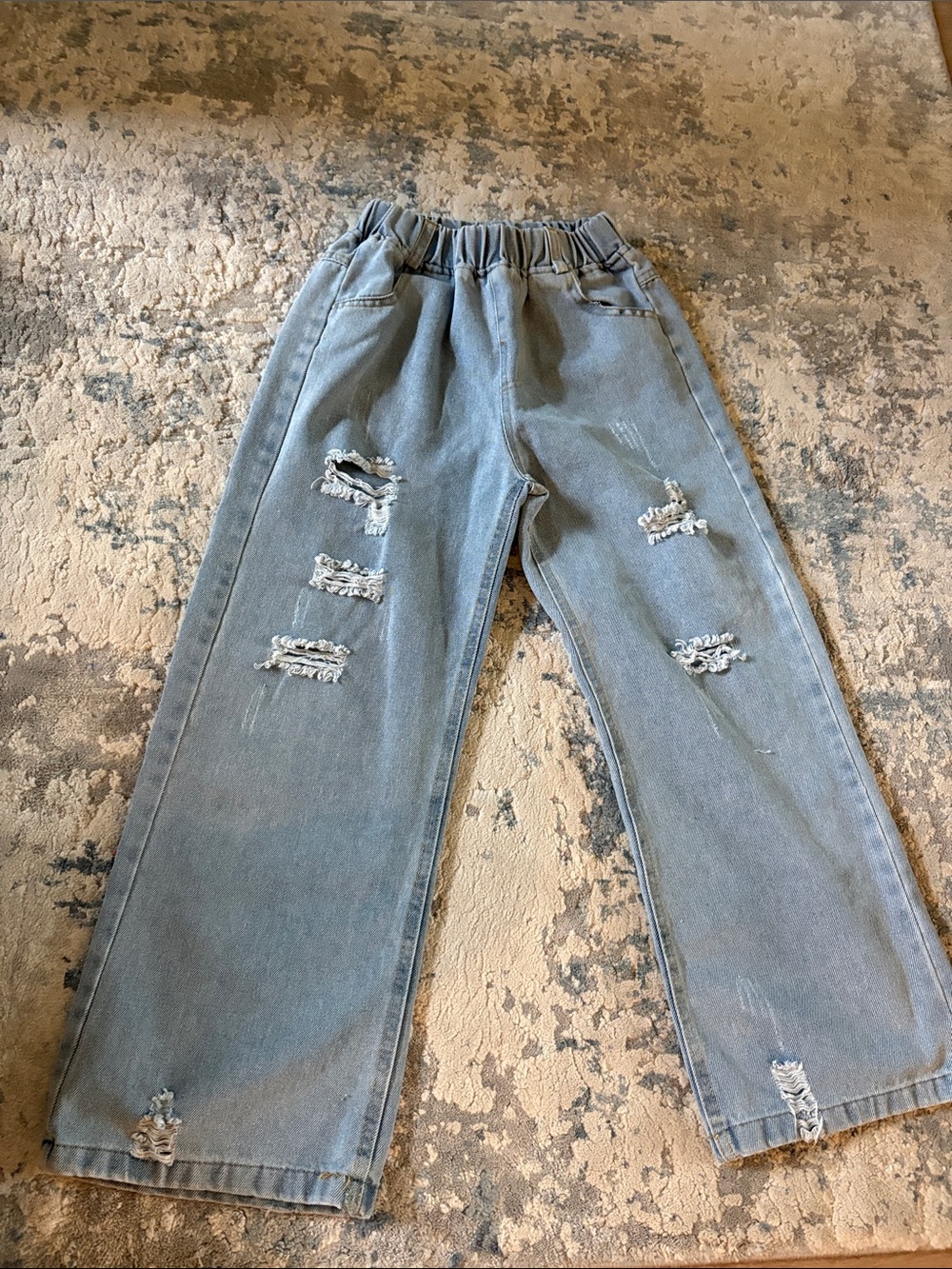 Dance Studio Girls Size 8 Light Blue Distressed Elastic-Waist Jeans.